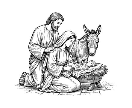 Holy Family tenderly gathered around baby Jesus in manger with donkey in peaceful scene illustration