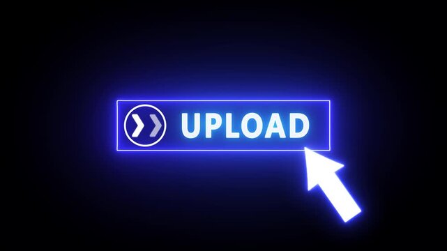 Glowing neon red color white text cursor animation pointing towards upload button in looping with transparent background.