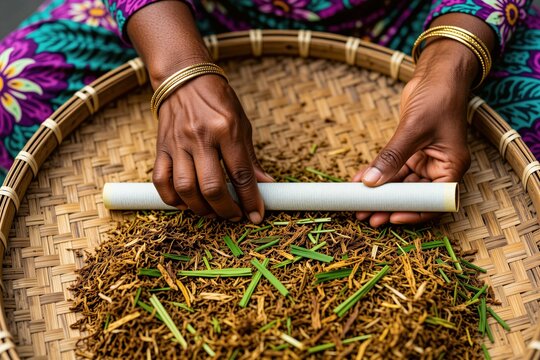 Indian woman sits, rolls bidi cigarettes by hand on woven bamboo tray. Female worker works in tobacco industry with dried leaves. Skilled hands prepare herbal smoking product for sale. Traditional