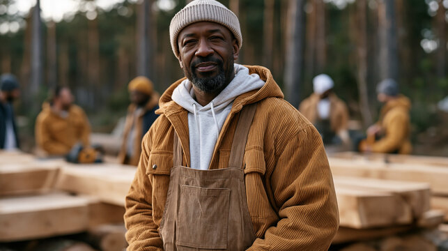 A cabinet maker in a pine forest clearing surrounded by coworkers examines freshly felled timber at noon, the crowd of woodworkers debating short term rental renovation specs