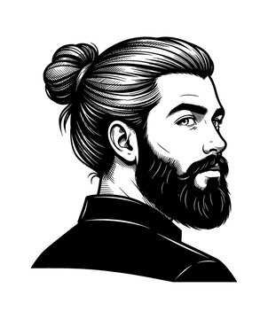 Confident Caucasian Man with Man Bun and Beard Looking Over Shoulder in Detailed Black and White Line Art