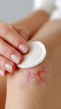 Cleaning knee scrape wound macro close up sterile cotton round pressing on knee scrape soft focus background natural finger gentle pressure bright clean daylight healing first aid