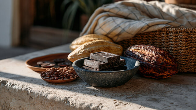 artisan chocolate maker arrangement of molds and cacao pods on a stone surface under harsh midday sun friction reduction habit ease production process confectionery craft symbolic