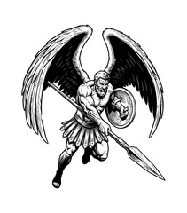 Obraz premium Powerful Winged Warrior Man Charging with Spear and Shield in Dynamic Black and White Illustration
