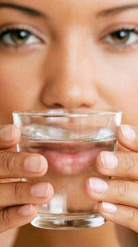 Gargling warm salt water with glass held near lips in close up portrait of hands and lower face with soft daylight and clean background