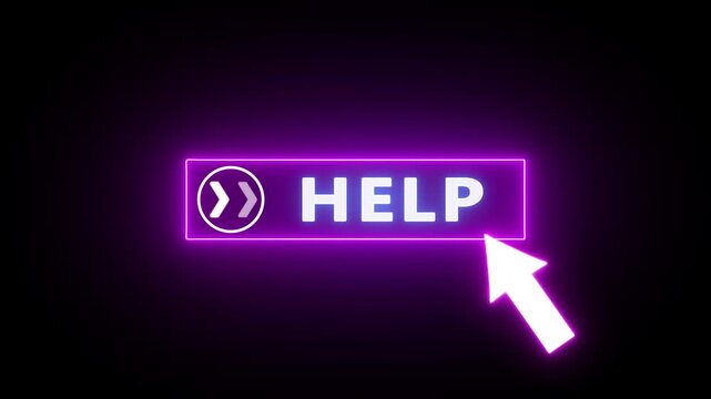 Glowing neon red color white text cursor animation pointing towards help button in looping with transparent background.
