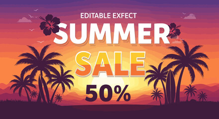 Fototapeta premium Summer Sale 50% Off Tropical Beach Sunset Palm Trees Exotic Vacation
