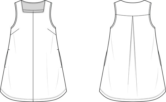Technical fashion flat sketch of a sleeveless square neck casual dress with side pockets and back pleat