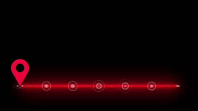 Continuous one line drawing of path with map location pointers. Single line drawing route or way with map pin or navigation pointer that mark mark,map animation on black background.