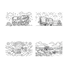 Obraz premium Set of four hand drawn doodle illustrations featuring abstract patterns and creative sketches in black and white