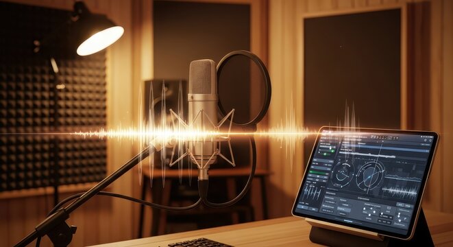 Professional recording studio setup with condenser microphone, pop filter, studio monitor, and digital audio workstation on tablet