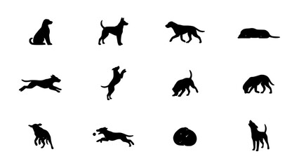 Fototapeta premium Dogs in Various Poses and Activities as Black Silhouettes Featuring Dog, Silhouette, Illustration with Vector and Pet Elements