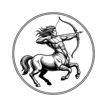 Muscular centaur male figure with flowing hair aiming bow and arrow in a determined pose vintage illustration