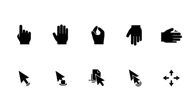 Hands and Mouse Icons Depicting Various Actions and Gestures in Black and White Featuring Hand, Icon, Gesture with Click