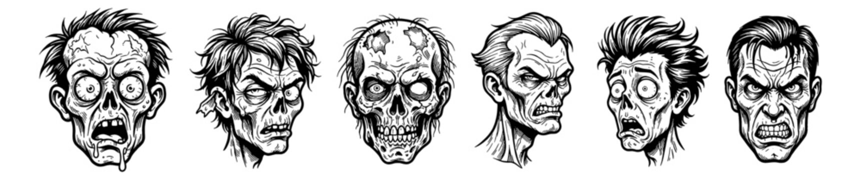 Collection of gruesome zombie monster heads displaying terrifying angry and shocked expressions in black and white vector art