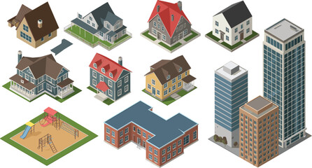 Fototapeta premium Isometric city architecture set with modern houses buildings suburban cottage school and playground vector illustration set