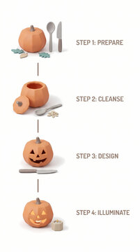 Scandinavian minimalist 3D clay vertical step-by-step pumpkin carving icon set on white background, Halloween stock photo