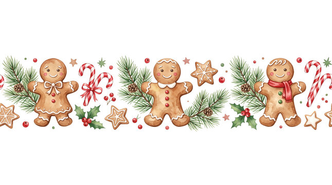 Watercolor gingerbread man seamless border, Christmas cookie pattern with pine branches and candy canes, festive holiday frame on white background