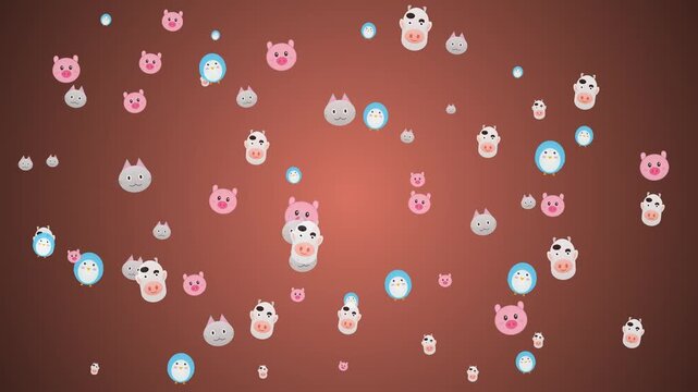 Animated pattern of cute animal faces floating on a brown background