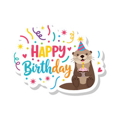Naklejka premium Cute otter celebrates happy birthday with cupcake and confetti