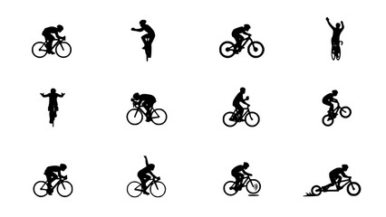 Fototapeta premium Bicycles with Riders in Various Poses Shown as Black Silhouettes on a White Background Featuring Cycling, Sports, Exercise