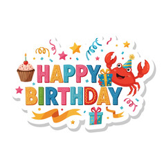 Fototapeta premium Happy Birthday Card with Cute Crab, Cupcake, Gifts and Confetti