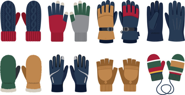 Winter gloves and mittens collection featuring knitted insulated fleece leather and thermal handwear vector illustration set