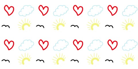 Obraz premium ​Cute seamless pattern with red hearts, clouds, suns, and birds. Simple hand drawn vector illustration on white background for kids design.