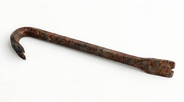 A rusty, old-fashioned crowbar with a curved end and a flat, notched end, resting on a white background.