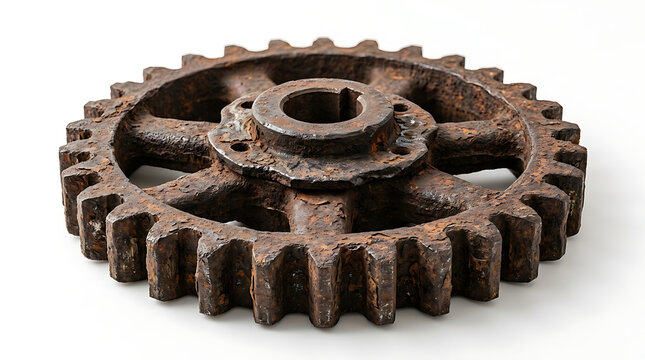 A close-up, detailed shot of a rusty, old metal gear with visible teeth and a central hub.