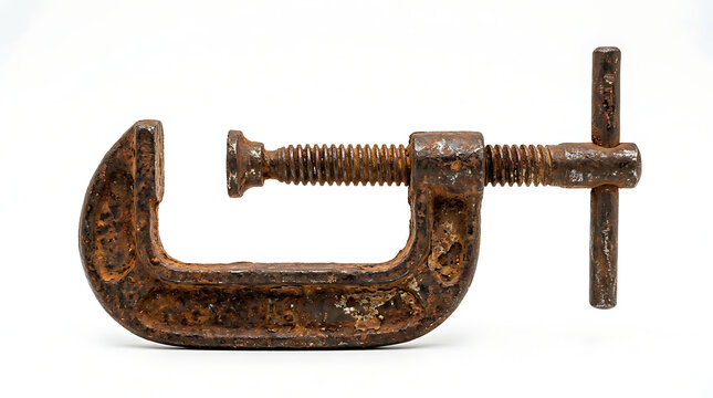 A rusty C-clamp, a common tool used for holding objects together, is shown against a white background.