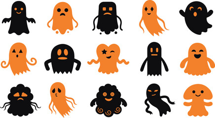 Naklejka premium Set of cute hand drawn black and orange ghosts for halloween party decorations and stickers