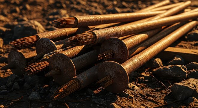 Pile of old, rusty wooden dowels with exposed metal rebar ends, lying on the ground in natural light.