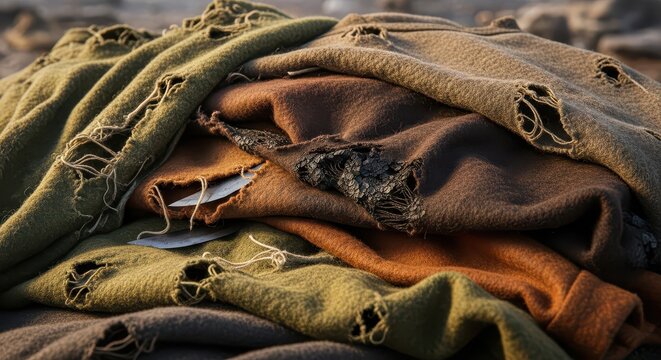 Pile of old, torn, woolen blankets with frayed edges and holes, in earthy colors, close-up, outdoor setting