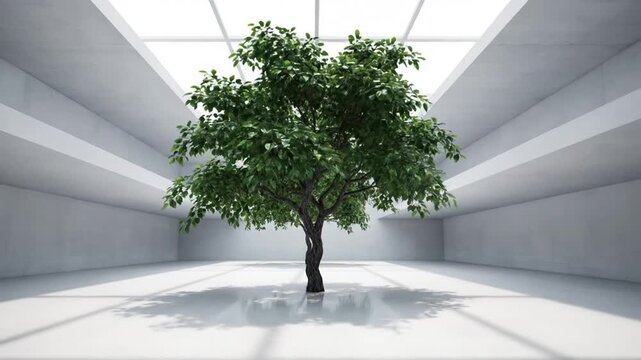 Solitary green tree centered in a minimalist white interior space featuring clean architectural lines, bright natural skylight illumination, and geometric shadows on a white floor.
