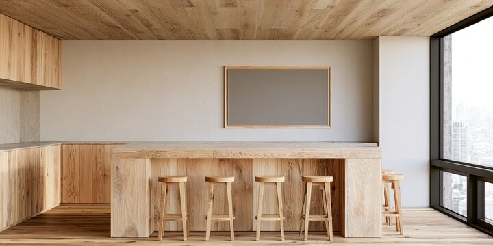 Modern kitchen with wooden cabinets, island bar, stools, and large window