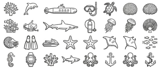 Set of Hand Drawn Marine Life and Ocean Icons © Muhammad Aldy