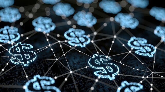 Glowing dollar signs form a connected digital network on a dark, circuit-like background