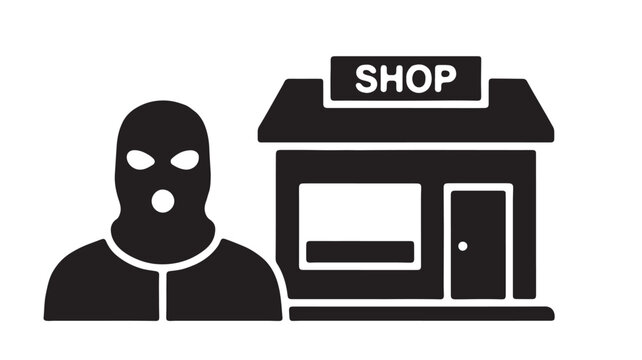 Black silhouette of a masked robber standing next to a storefront representing shoplifting and retail crime