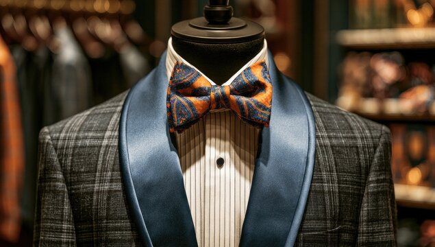Elegant tuxedo on mannequin, featuring a plaid jacket, satin lapels, and patterned bow tie