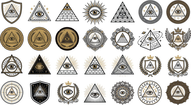 All-Seeing Eye Providence and Illuminati Symbol Icon Set Vector Collection Featuring Masonic Pyramid, Sacred Geometry, Mystical Sunburst, and Vintage Crests
