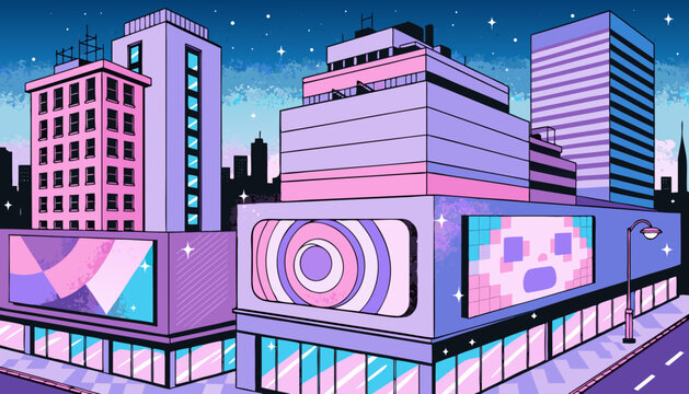 Pixel art city street at night with neon sign and billboard in y2k aesthetic style. Retro 90s urban building skyline. Digital landscape background. Vector illustration