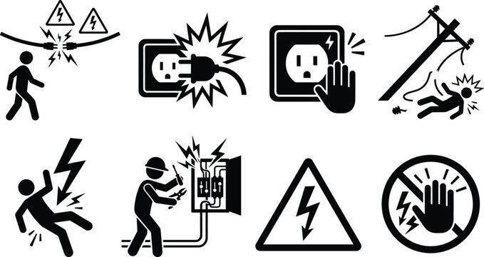Electrical Safety Hazard and Electrocution Warning Icon Set Vector Collection Featuring Power Line, Sparks, Circuit Box Work, High Voltage, and Prohibition Signs