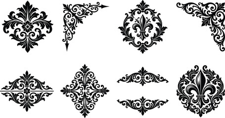 Obraz premium Set of black baroque floral ornaments and vintage damask decorative elements isolated on a white background