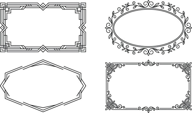 Vintage art deco frame and elegant floral border outline set