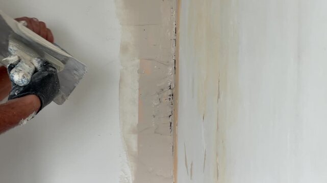 Man's hands finishing a drywall joint with plaster