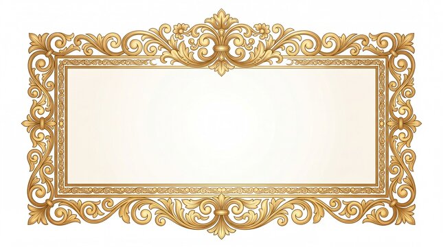 Elegant gold rectangular baroque frame with intricate floral scrollwork patterns isolated clearly on white background