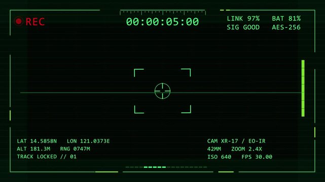 Green surveillance targeting interface with recording timer and digital scan overlay