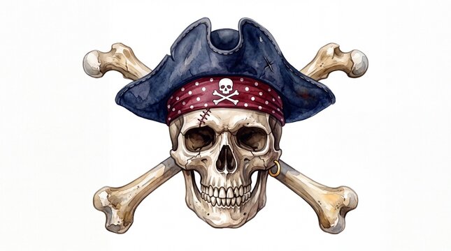Detailed watercolor illustration of a pirate skull wearing a tricorn hat and bandana on white background