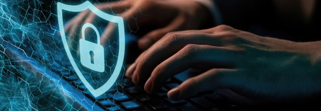 Cyber security, with a glowing shield, lock, and data network